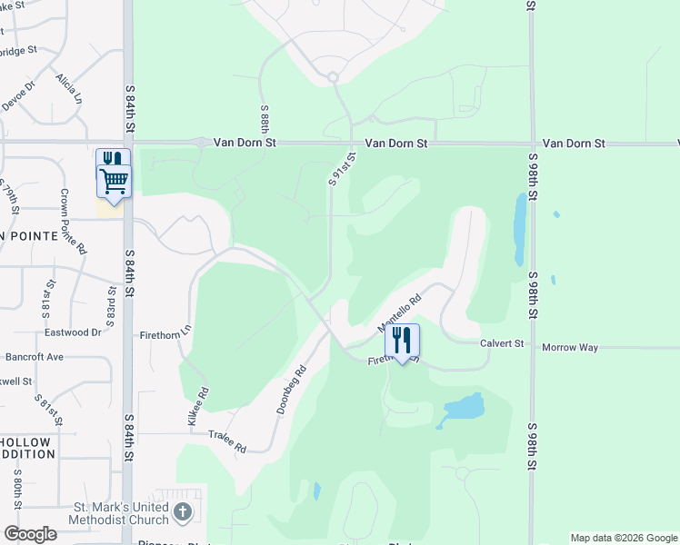 map of restaurants, bars, coffee shops, grocery stores, and more near 3300 South 91st Street in Lincoln