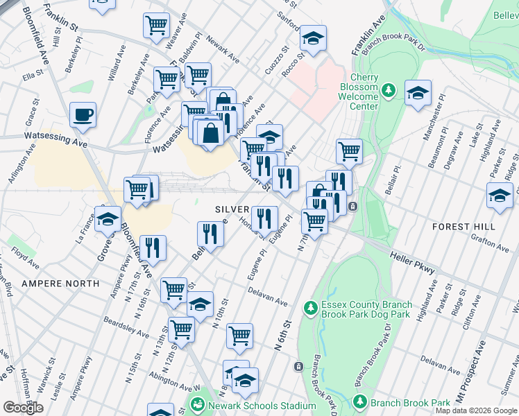 map of restaurants, bars, coffee shops, grocery stores, and more near 58 Honiss Street in Belleville