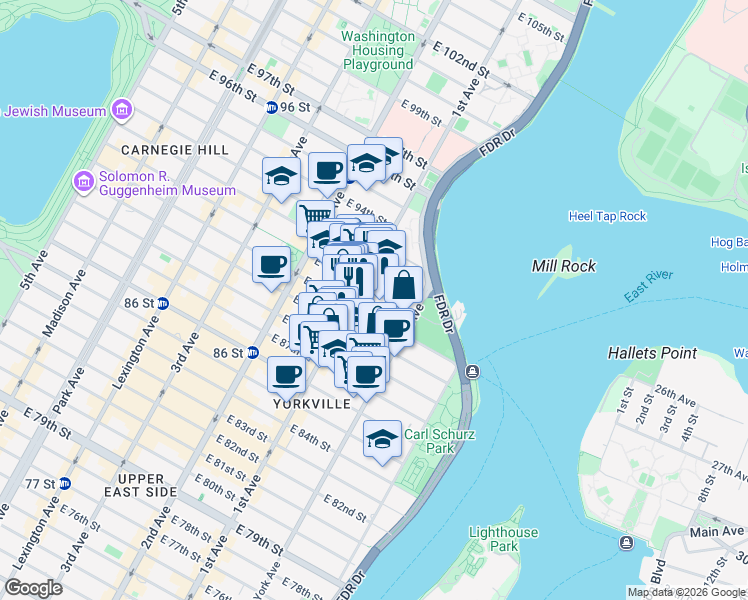 map of restaurants, bars, coffee shops, grocery stores, and more near 406 East 91st Street in New York