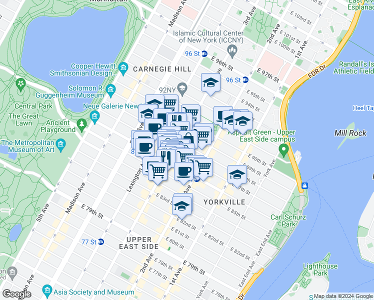 map of restaurants, bars, coffee shops, grocery stores, and more near 210 East 88th Street in New York