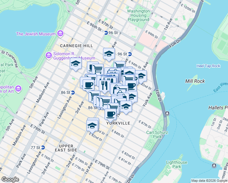 map of restaurants, bars, coffee shops, grocery stores, and more near 306 East 89th Street in New York