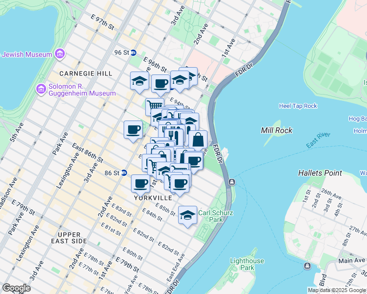 map of restaurants, bars, coffee shops, grocery stores, and more near 406 East 91st Street in New York