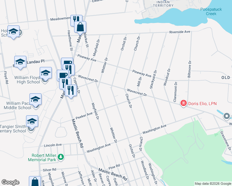 map of restaurants, bars, coffee shops, grocery stores, and more near 300 Orchid Drive in Mastic Beach