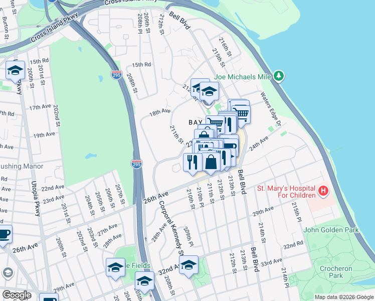 map of restaurants, bars, coffee shops, grocery stores, and more near 2 Bay Club Drive in Queens