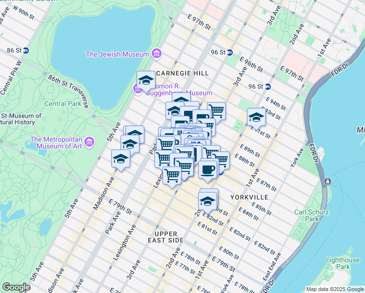 map of restaurants, bars, coffee shops, grocery stores, and more near 184 East 86th Street in New York