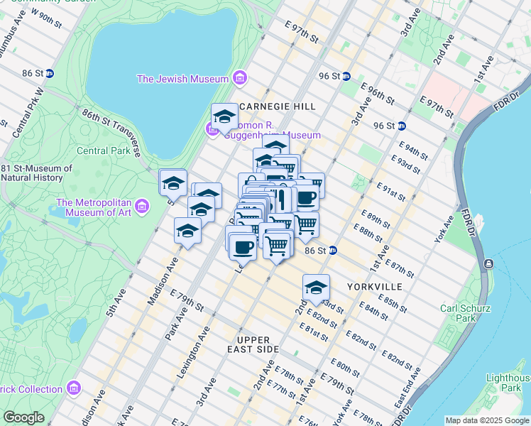 map of restaurants, bars, coffee shops, grocery stores, and more near 133 East 84th Street in New York