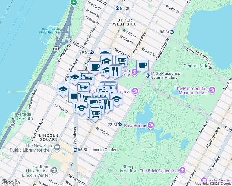 map of restaurants, bars, coffee shops, grocery stores, and more near 58 West 75th Street in New York