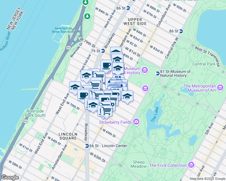 map of restaurants, bars, coffee shops, grocery stores, and more near 107 West 74th Street in New York