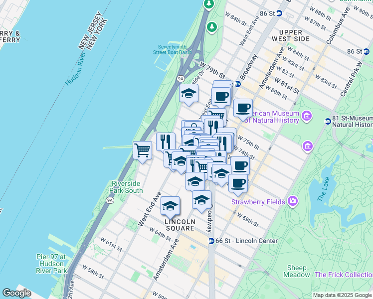 map of restaurants, bars, coffee shops, grocery stores, and more near 270 West 72nd Street in New York