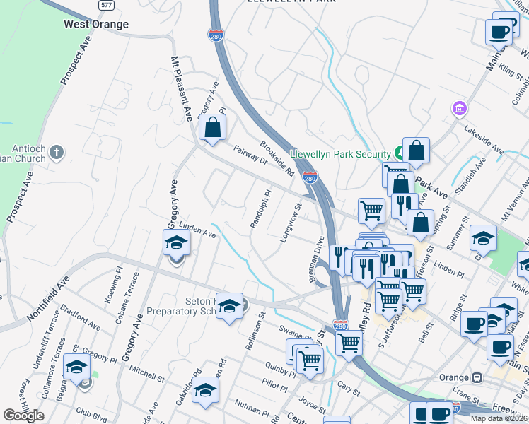 map of restaurants, bars, coffee shops, grocery stores, and more near 46 Mountain View Street in West Orange