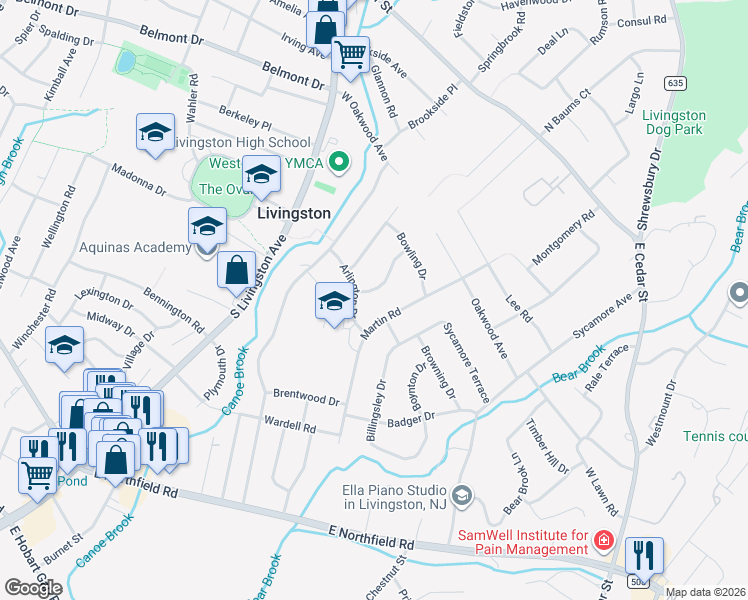 map of restaurants, bars, coffee shops, grocery stores, and more near 73 Martin Road in Livingston