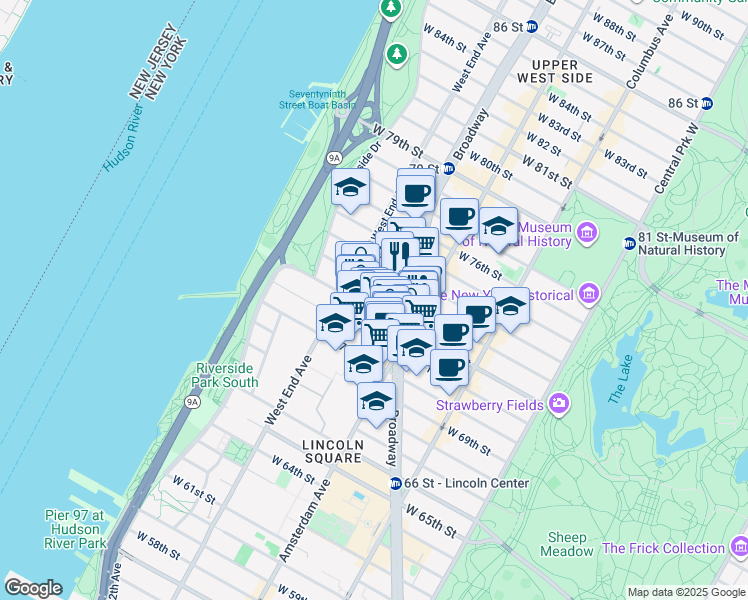 map of restaurants, bars, coffee shops, grocery stores, and more near 245 West 72nd Street in New York