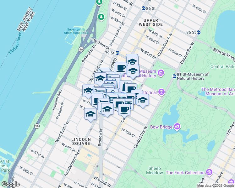 map of restaurants, bars, coffee shops, grocery stores, and more near West 74th Street in New York