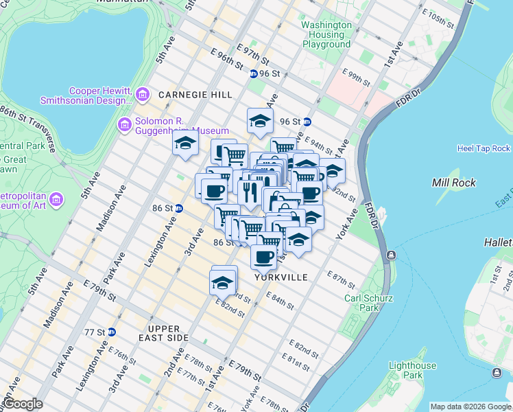 map of restaurants, bars, coffee shops, grocery stores, and more near 236 East 88th Street in New York