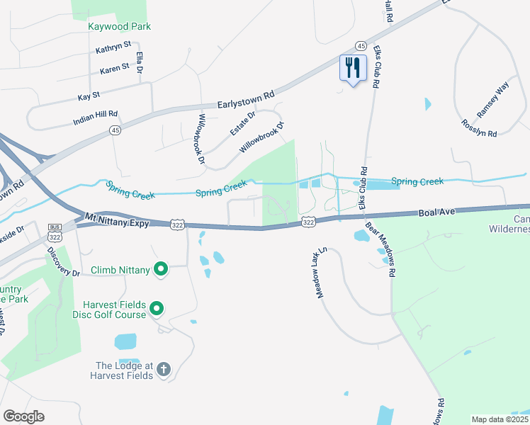 map of restaurants, bars, coffee shops, grocery stores, and more near 136 Faith Circle in Boalsburg