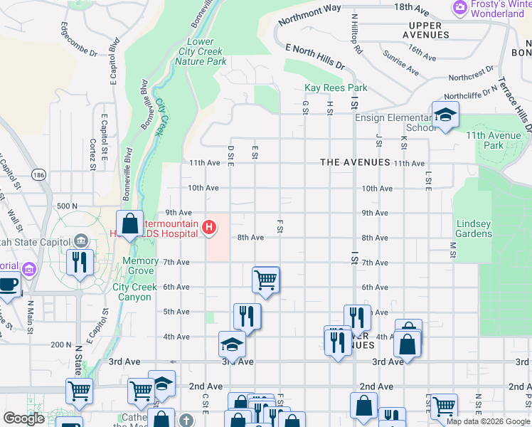 map of restaurants, bars, coffee shops, grocery stores, and more near 420 E Street East in Salt Lake City