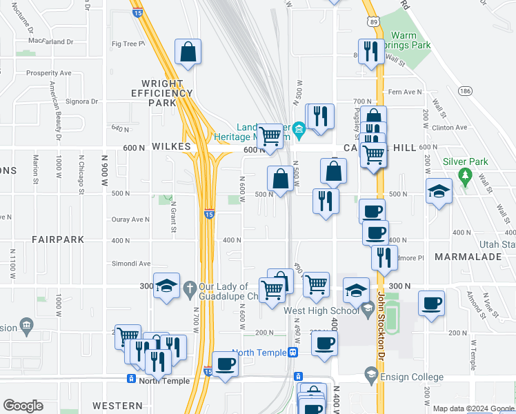 map of restaurants, bars, coffee shops, grocery stores, and more near 440 600 West in Salt Lake City