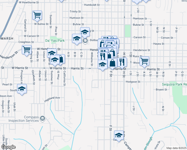 map of restaurants, bars, coffee shops, grocery stores, and more near 200-304 Hodgson Street in Eureka