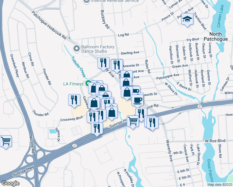 map of restaurants, bars, coffee shops, grocery stores, and more near 450 Waverly Ave in Patchogue