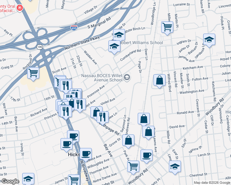 map of restaurants, bars, coffee shops, grocery stores, and more near 28 Violet Avenue in Hicksville