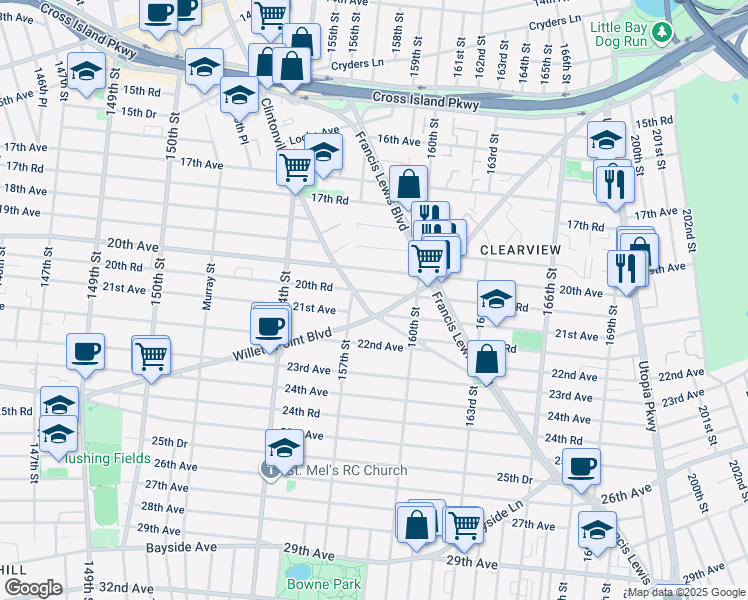 map of restaurants, bars, coffee shops, grocery stores, and more near 157-46 21st Avenue in Queens