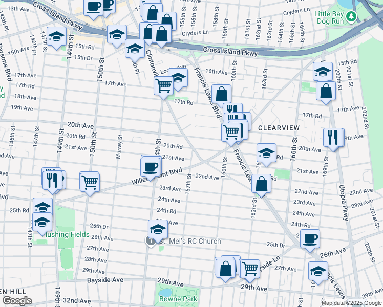 map of restaurants, bars, coffee shops, grocery stores, and more near 21-07 157th Street in Queens