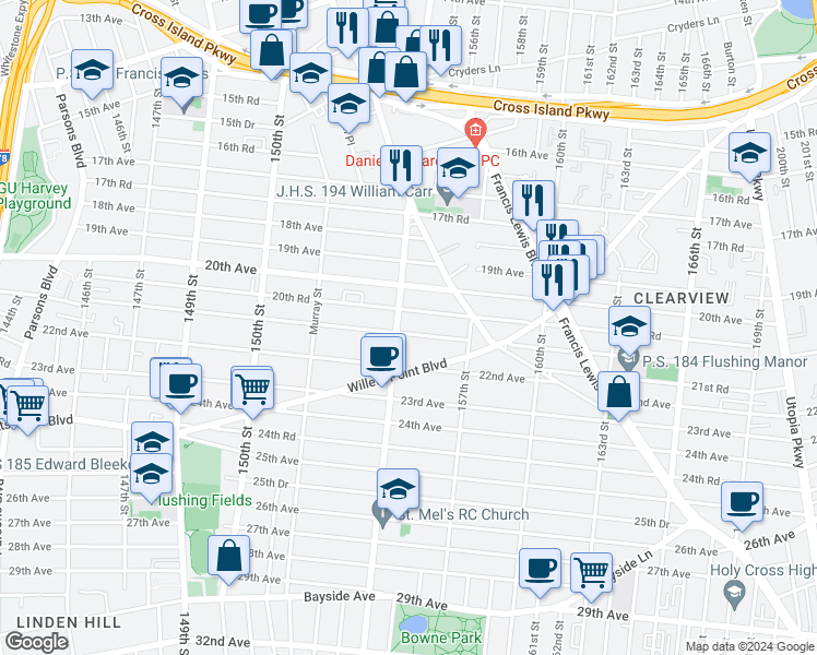 map of restaurants, bars, coffee shops, grocery stores, and more near 21-15 154th Street in Queens