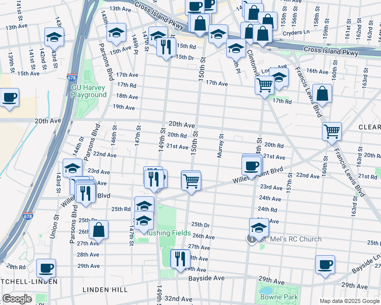 map of restaurants, bars, coffee shops, grocery stores, and more near 21-32 150th Street in Queens