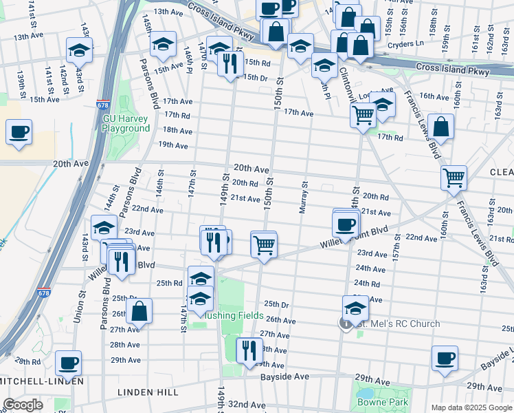 map of restaurants, bars, coffee shops, grocery stores, and more near 21-32 150th Street in Queens