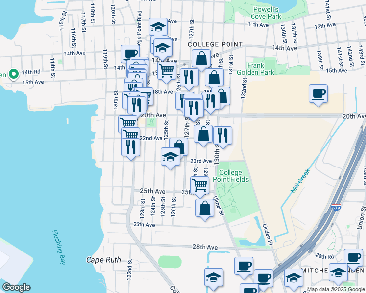 map of restaurants, bars, coffee shops, grocery stores, and more near 22-39 126th Street in Queens