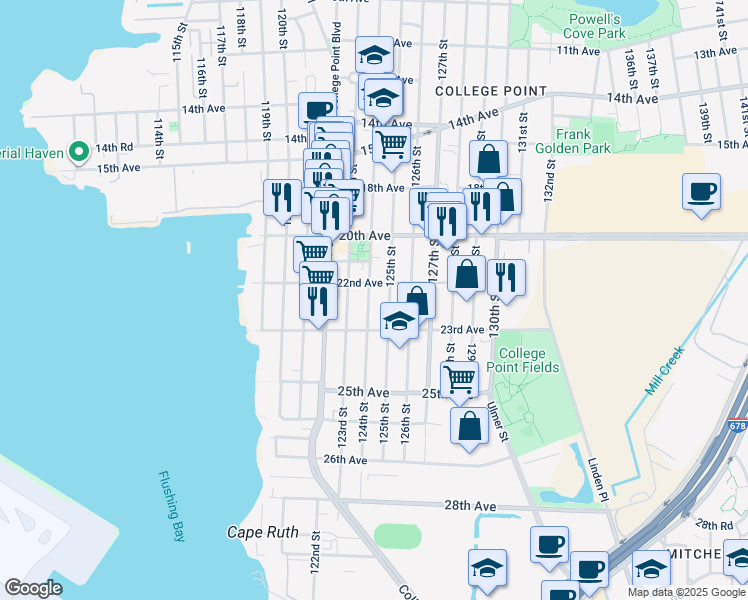 map of restaurants, bars, coffee shops, grocery stores, and more near 22-40 125th Street in Queens