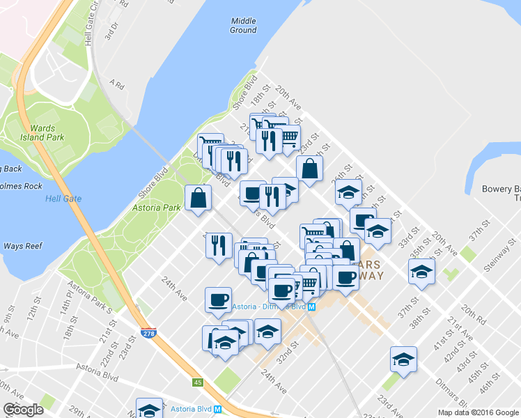 map of restaurants, bars, coffee shops, grocery stores, and more near 22-06 Crescent Street in Queens