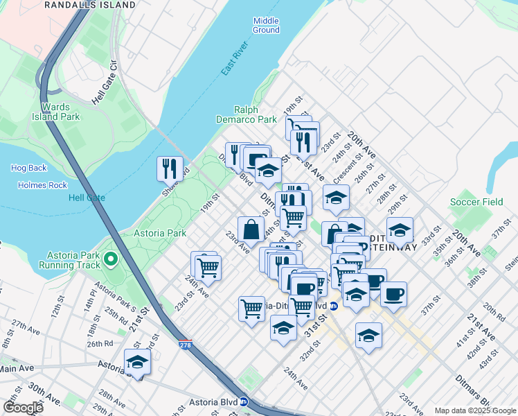 map of restaurants, bars, coffee shops, grocery stores, and more near 22-38 23rd Street in Queens