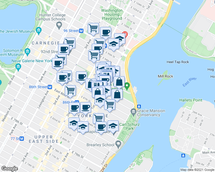 map of restaurants, bars, coffee shops, grocery stores, and more near 402 East 90th Street in New York
