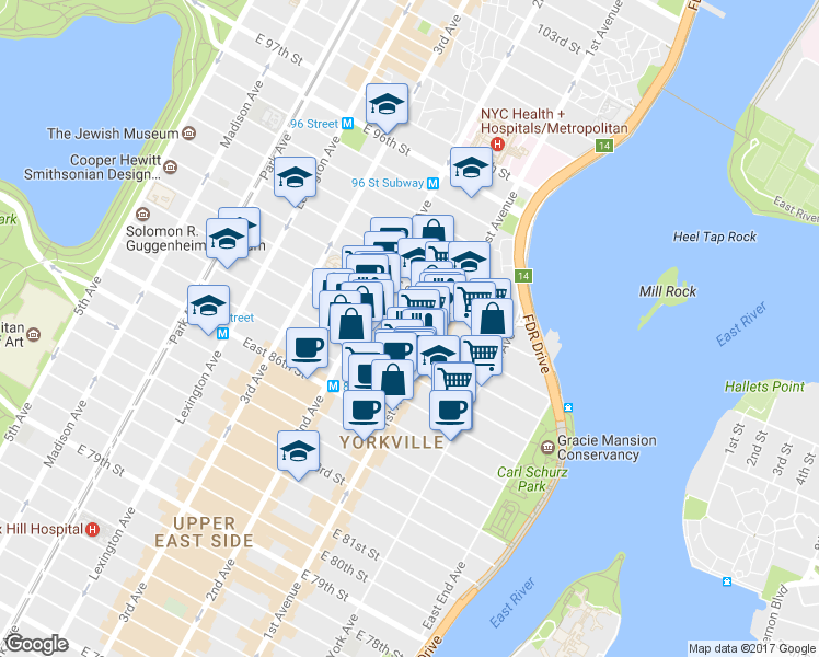 map of restaurants, bars, coffee shops, grocery stores, and more near in New York