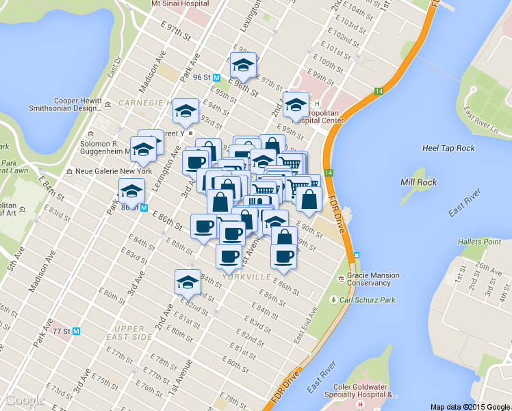 map of restaurants, bars, coffee shops, grocery stores, and more near in New York