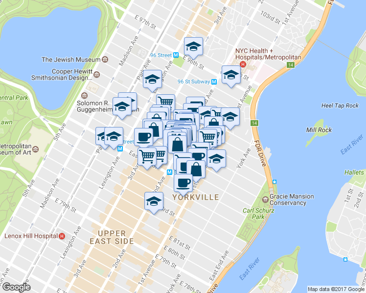 map of restaurants, bars, coffee shops, grocery stores, and more near 311 East 88th Street in New York