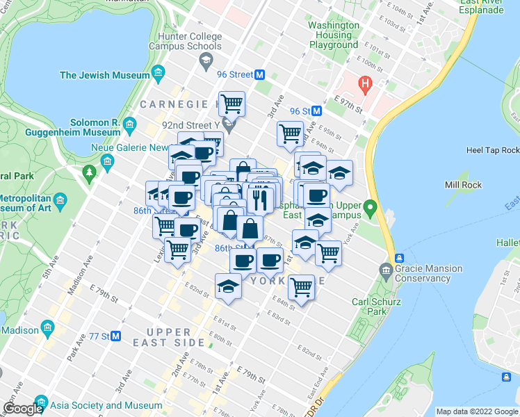 map of restaurants, bars, coffee shops, grocery stores, and more near 260 East 87th Street in New York