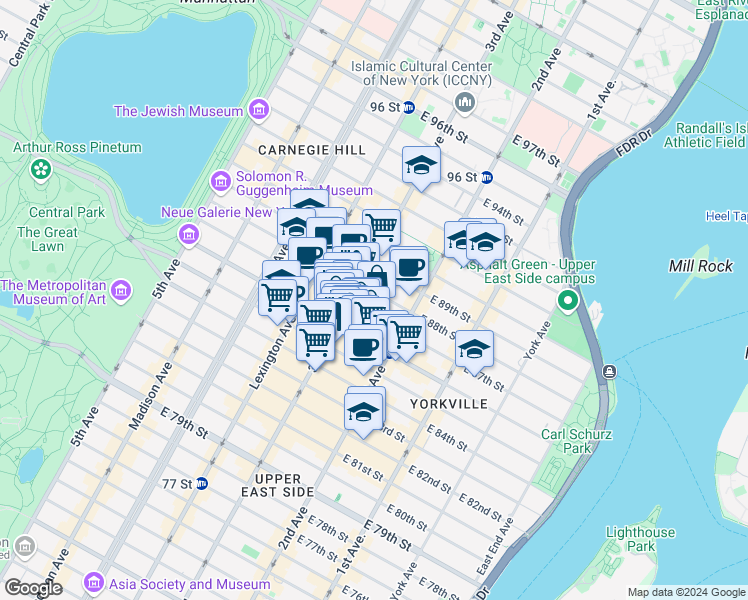 map of restaurants, bars, coffee shops, grocery stores, and more near 1529 3rd Avenue in New York