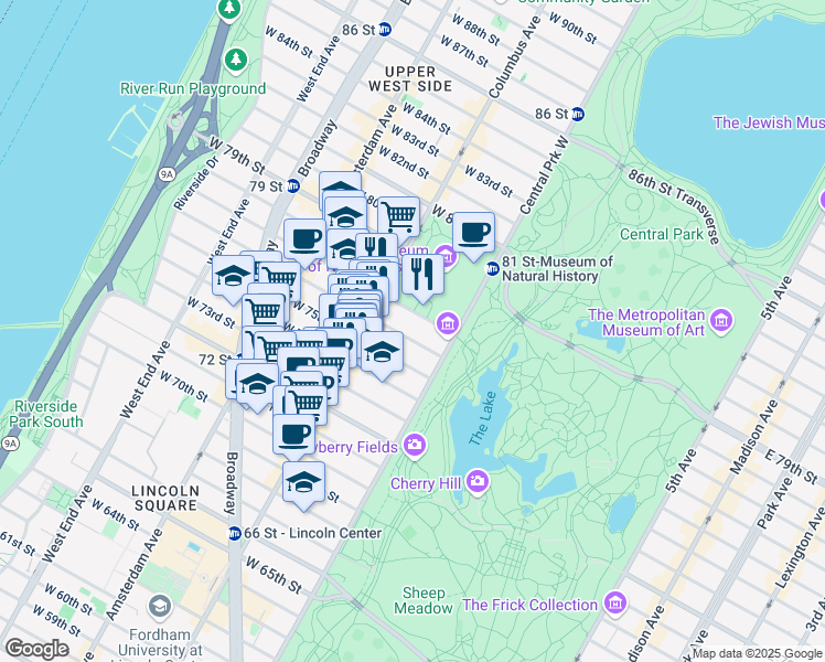 map of restaurants, bars, coffee shops, grocery stores, and more near 22 West 76th Street in New York