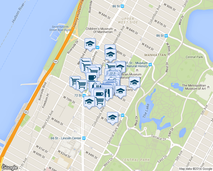 map of restaurants, bars, coffee shops, grocery stores, and more near 107 West 74th Street in New York