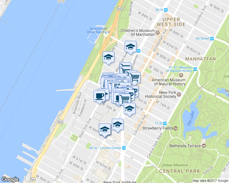 map of restaurants, bars, coffee shops, grocery stores, and more near 224 West 72nd Street in New York