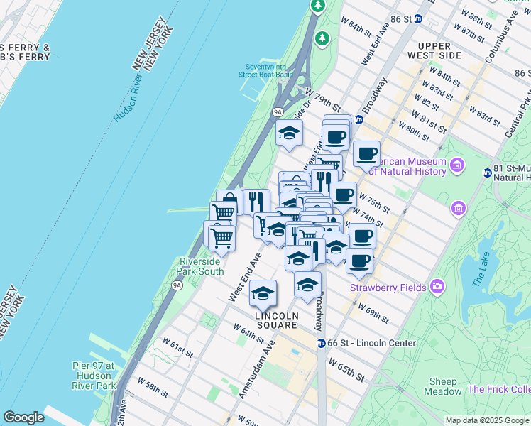 map of restaurants, bars, coffee shops, grocery stores, and more near 315 West 70th Street in New York