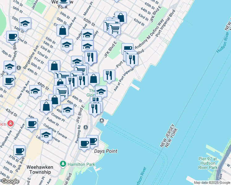 map of restaurants, bars, coffee shops, grocery stores, and more near 28 Port Imperial Boulevard in West New York