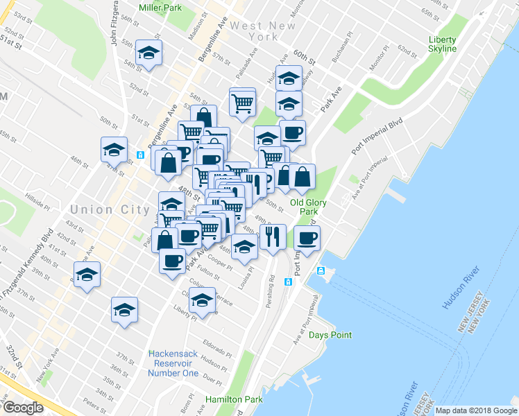 map of restaurants, bars, coffee shops, grocery stores, and more near 29 49th Street in Weehawken