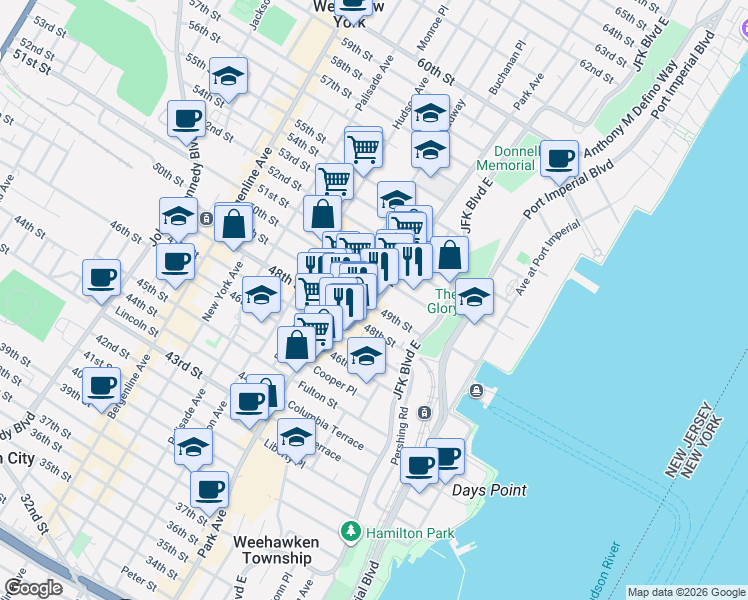 map of restaurants, bars, coffee shops, grocery stores, and more near 29 49th Street in Weehawken