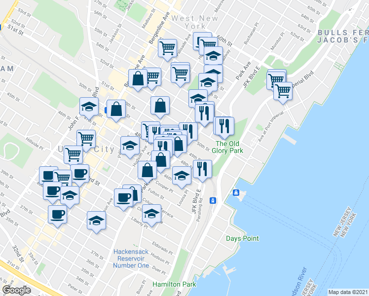 map of restaurants, bars, coffee shops, grocery stores, and more near 29 49th Street in Weehawken