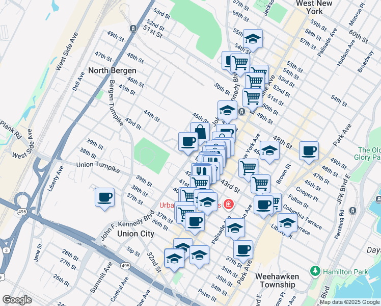 map of restaurants, bars, coffee shops, grocery stores, and more near 546 43rd Street in Union City