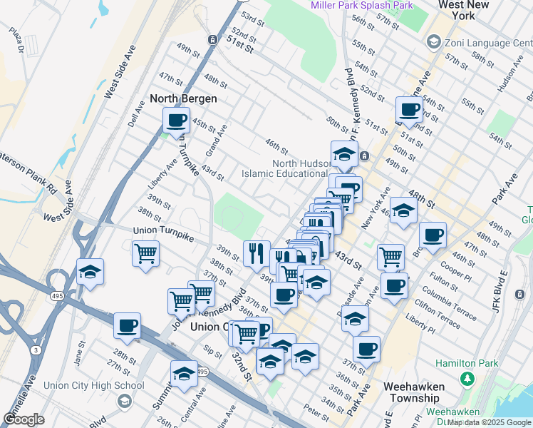 map of restaurants, bars, coffee shops, grocery stores, and more near 4201 John F. Kennedy Boulevard in North Bergen