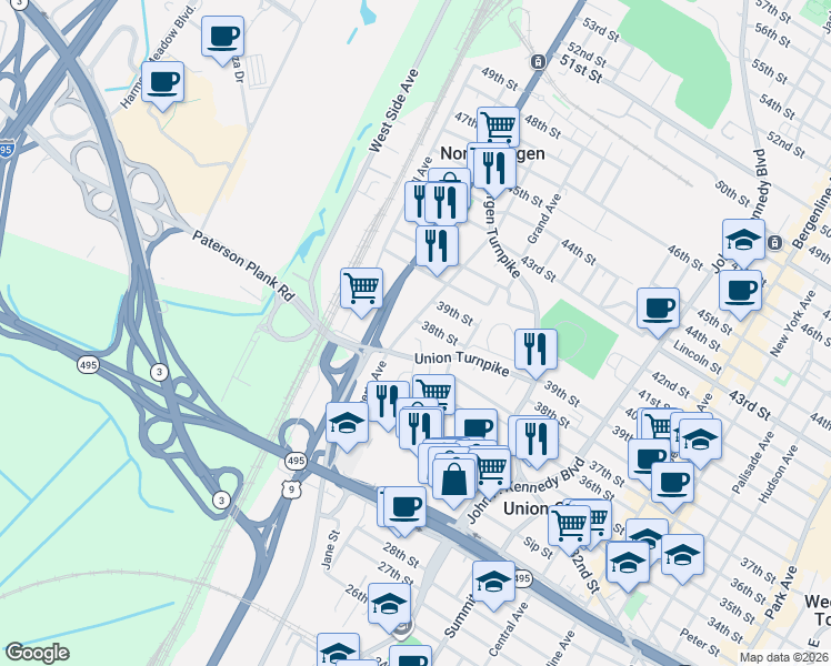 map of restaurants, bars, coffee shops, grocery stores, and more near 1524 Union Turnpike in North Bergen